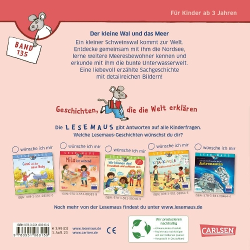 Buchcover und Innenansicht für das Buch: LESEMAUS 135: Der kleine Wal und das Meer
