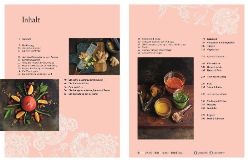 Buchcover und Innenansicht für das Buch: Achtsame Ayurveda-Küche