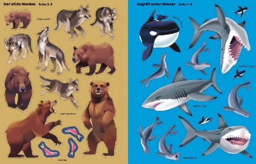 Buchcover und Innenansicht für das Buch: Die große Sticker-Tierwelt: Gefährliche Tiere