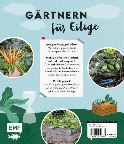 Buchcover und Innenansicht für das Buch: Keine Zeit zu gärtnern - Easy Ernteglück mit wenig Aufwand