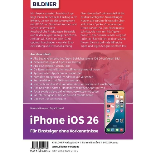 Buchcover und Innenansicht für das Buch: Apple iPhone mit iOS 26 - Das Buch für Einsteiger ohne Vorkenntnisse