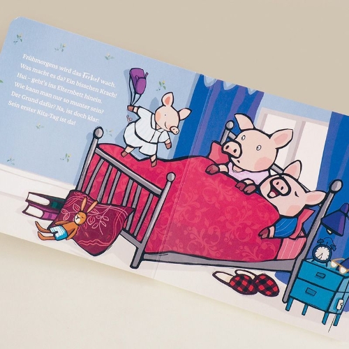 Buchcover und Innenansicht für das Buch: Viel Spaß in der Kita, Ferkel!