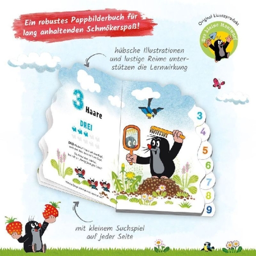 Buchcover und Innenansicht für das Buch: Trötsch Der kleine Maulwurf Pappbilderbuch mit Register Meine allerersten Zahlen