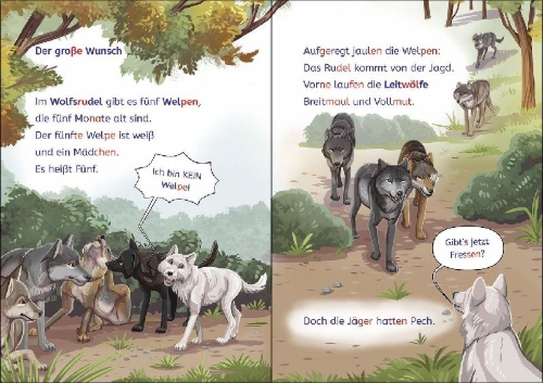 Buchcover und Innenansicht für das Buch: Leselöwen 2. Klasse - Das geheime Leben der Tiere - Das Abenteuer der weißen Wölfin