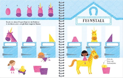Buchcover und Innenansicht für das Buch: Fingerstempeln: Einhörner und Feen