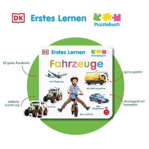 Buchcover und Innenansicht für das Buch: Erstes Lernen Puzzlebuch. Fahrzeuge