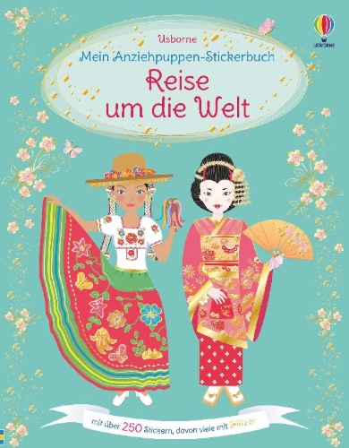 Buchcover und Innenansicht für das Buch: Mein Anziehpuppen-Stickerbuch: Reise um die Welt