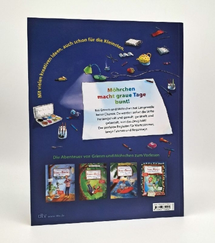 Buchcover und Innenansicht für das Buch: Grimm und Möhrchen - Das zeselige Mitmachbuch für graue und bunte Tage