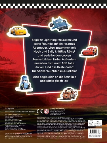 Buchcover und Innenansicht für das Buch: Disney Cars: Der große Glow-in-the-Dark-Stickerspaß: Stickern - Rätseln - Ausmalen