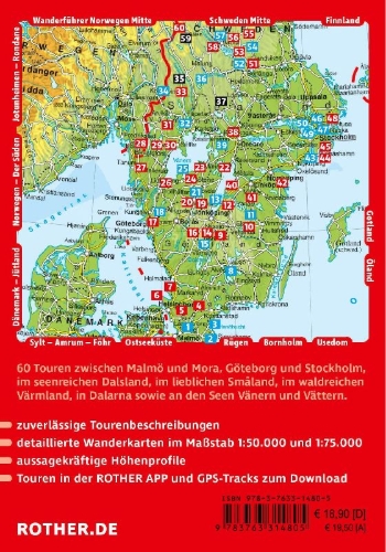 Buchcover und Innenansicht für das Buch: ROTHER Wanderführer Schweden: Der Süden. 60 Touren von Skåne, Småland und Värmland über Stockholm bis Dalarna