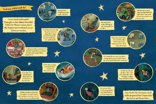 Buchcover und Innenansicht für das Buch: Sterne, Mond und Kuschelzeit. Unser großes Gute-Nacht-Wimmelbuch