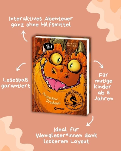 Buchcover und Innenansicht für das Buch: Die Bibliothek der unendlichen Abenteuer (Band 1) - Das gestohlene Drachenei