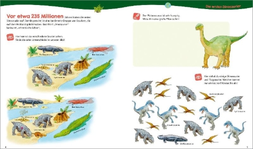 Buchcover und Innenansicht für das Buch: WAS IST WAS Junior Mitmach-Heft Dinosaurier und Tiere der Urzeit