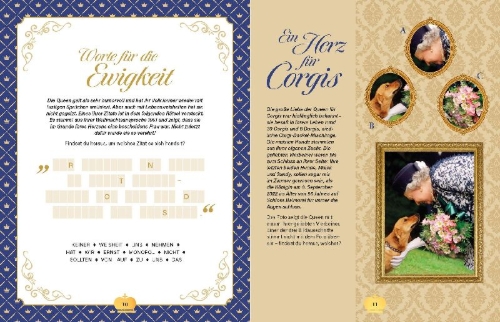 Buchcover und Innenansicht für das Buch: Die Royals Rätselbuch. Rätsel-Reise ins britische Königshaus