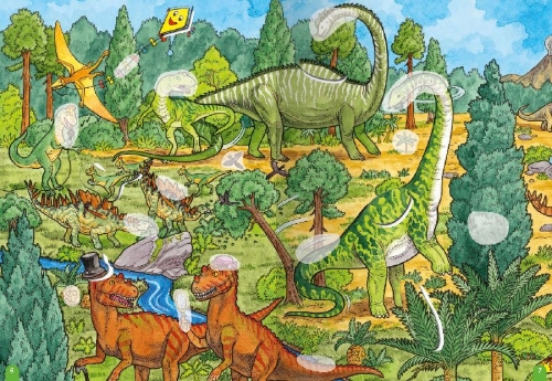 Buchcover und Innenansicht für das Buch: Wimmeln, Rätseln, Stickern: Dinosaurier