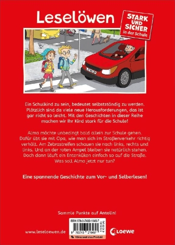 Buchcover und Innenansicht für das Buch: Leselöwen - stark und sicher in der Schule - Ich passe auf im Straßenverkehr