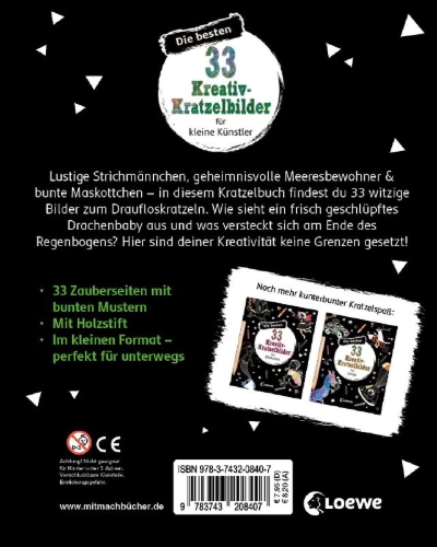 Buchcover und Innenansicht für das Buch: Die besten 33 Kreativ-Kratzelbilder für kleine Künstler