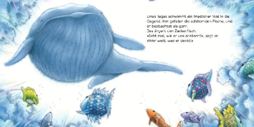 Buchcover und Innenansicht für das Buch: Der Regenbogenfisch stiftet Frieden