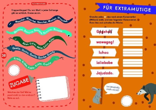 Buchcover und Innenansicht für das Buch: Leserätsel für mutige Kinder - Supergefährliche Tiere - ab 6 Jahren