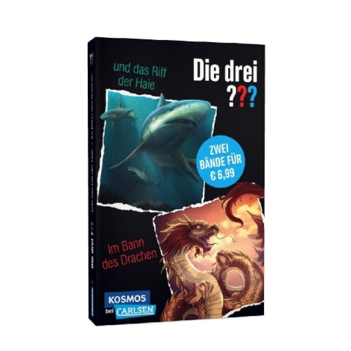 Buchcover und Innenansicht für das Buch: Die drei ???: Doppelband - Enthält die Bände: Die drei ??? und das Riff der Haie / Im Bann des Drachen