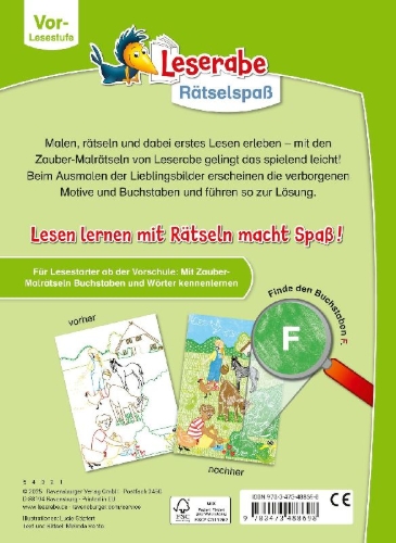 Buchcover und Innenansicht für das Buch: Leserabe Rätselspaß - Zauber-Malrätsel zum Lesenlernen: Bauernhof (Vor-Lesestufe)