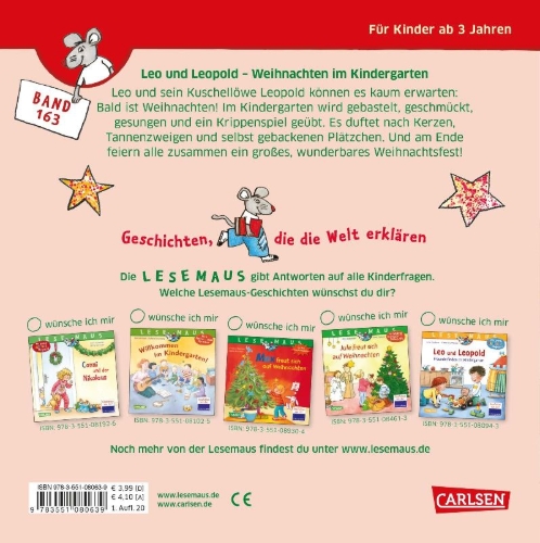 Buchcover und Innenansicht für das Buch: LESEMAUS 163: Leo und Leopold - Weihnachten im Kindergarten
