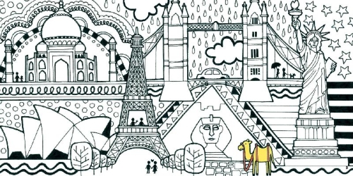 Buchcover und Innenansicht für das Buch: Kunterbunte Urlaubskritzeleien to go