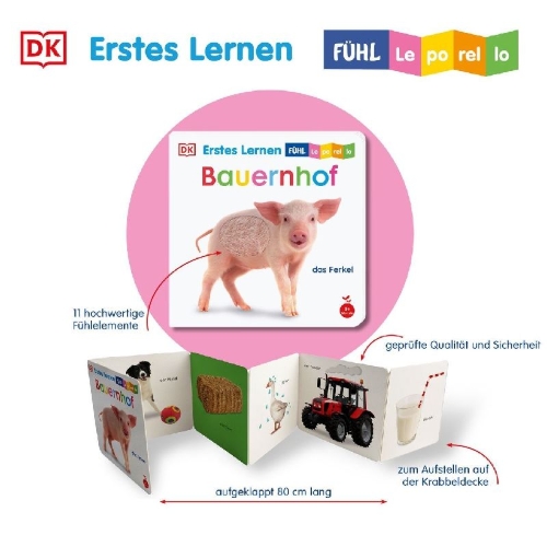 Buchcover und Innenansicht für das Buch: Erstes Lernen Fühl-Leporello. Bauernhof