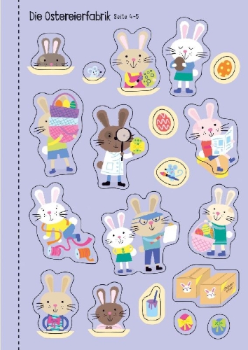 Buchcover und Innenansicht für das Buch: Mein Immer-wieder-Stickerbuch: Die Häschen feiern Ostern