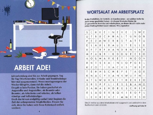 Buchcover und Innenansicht für das Buch: Endlich in Rente! Das Rätselbuch für den Ruhestand