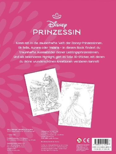 Buchcover und Innenansicht für das Buch: Disney Prinzessin: Malspaß mit 3D-Stickern