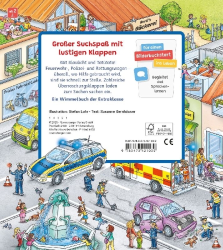 Buchcover und Innenansicht für das Buch: Mein Sachen suchen Wimmelbuch: Fahrzeuge im Einsatz