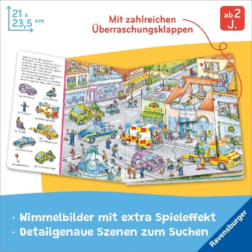 Buchcover und Innenansicht für das Buch: Mein Sachen suchen Wimmelbuch: Fahrzeuge im Einsatz