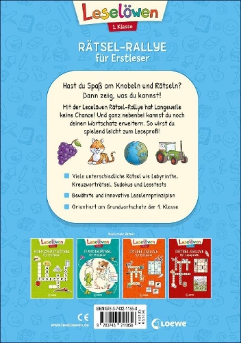Buchcover und Innenansicht für das Buch: Leselöwen Rätsel-Rallye für Erstleser - 1. Klasse (Hellblau)