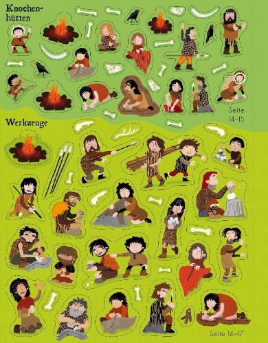 Buchcover und Innenansicht für das Buch: Mein Stickerbuch: Willkommen in der Steinzeit