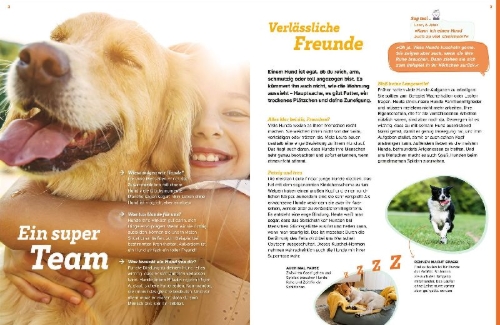 Buchcover und Innenansicht für das Buch: WAS IST WAS Hunde. Auf die Pfoten, fertig, los!