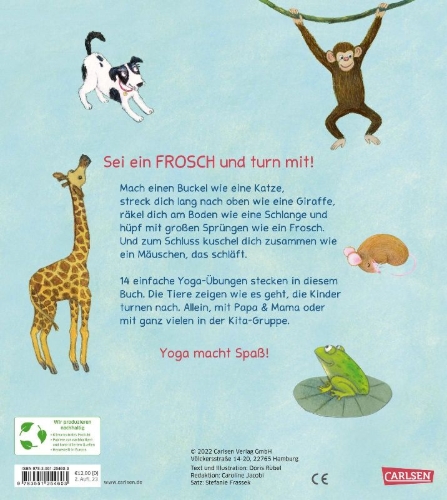 Buchcover und Innenansicht für das Buch: Turnen wie die Tiere - Das große Yoga Buch für kleine Kinder