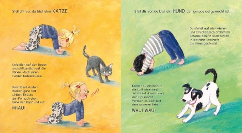 Buchcover und Innenansicht für das Buch: Turnen wie die Tiere - Das große Yoga Buch für kleine Kinder