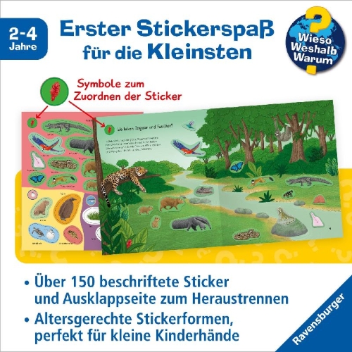 Buchcover und Innenansicht für das Buch: Wieso? Weshalb? Warum? junior Stickerheft - Tiere der Welt