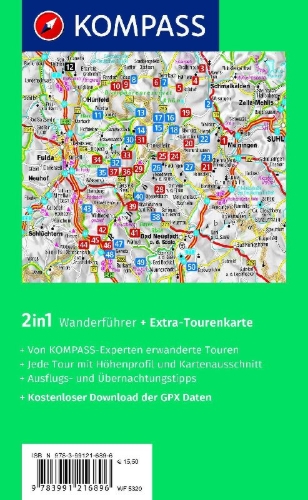 Buchcover und Innenansicht für das Buch: KOMPASS Wanderführer Rhön, 50 Touren mit Extra-Tourenkarte