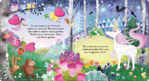Buchcover und Innenansicht für das Buch: Mein glitzerndes Fühlbuch: Das Einhorn