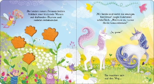 Buchcover und Innenansicht für das Buch: Mein glitzerndes Fühlbuch: Das Einhorn