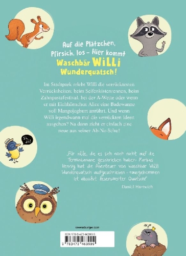 Buchcover und Innenansicht für das Buch: Waschbär Willi Wunderquatsch - Die Erfindung der Trompetenwurst und weitere verrückte Abenteuer