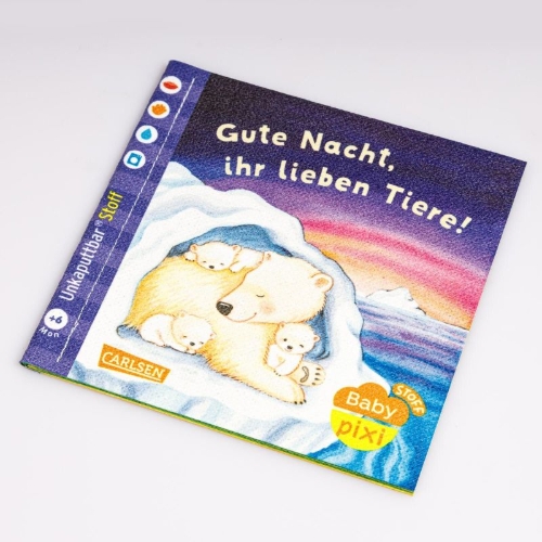 Buchcover und Innenansicht für das Buch: Baby Pixi (unkaputtbar) 165: Baby Pixi Stoff: Gute Nacht, ihr lieben Tiere!