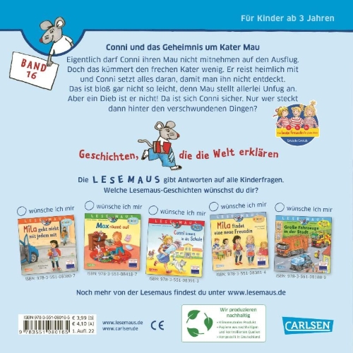 Buchcover und Innenansicht für das Buch: LESEMAUS 16: Conni und das Geheimnis um Kater Mau