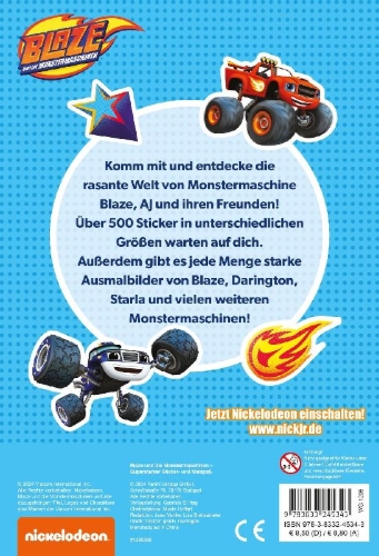 Buchcover und Innenansicht für das Buch: Blaze und die Monstermaschinen: Superstarker Sticker- und Malspaß