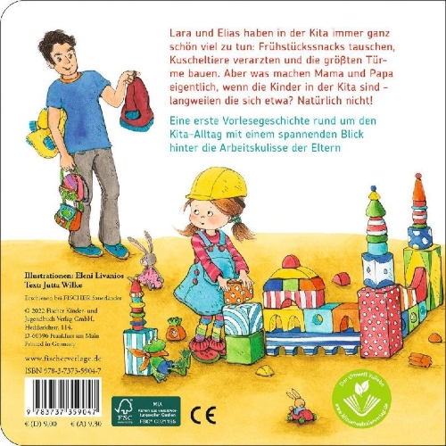 Buchcover und Innenansicht für das Buch: Ich geh in die Kita und was machen Mama und Papa?