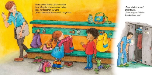 Buchcover und Innenansicht für das Buch: Ich geh in die Kita und was machen Mama und Papa?