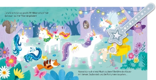 Buchcover und Innenansicht für das Buch: Mein Zauberstab-Klangbuch: Magische Einhornparty