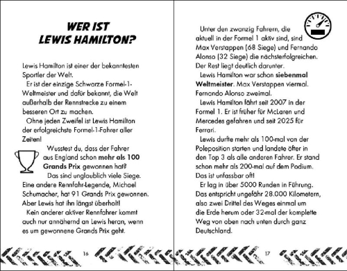 Buchcover und Innenansicht für das Buch: Racing Legends (Band 1) - Lewis Hamilton